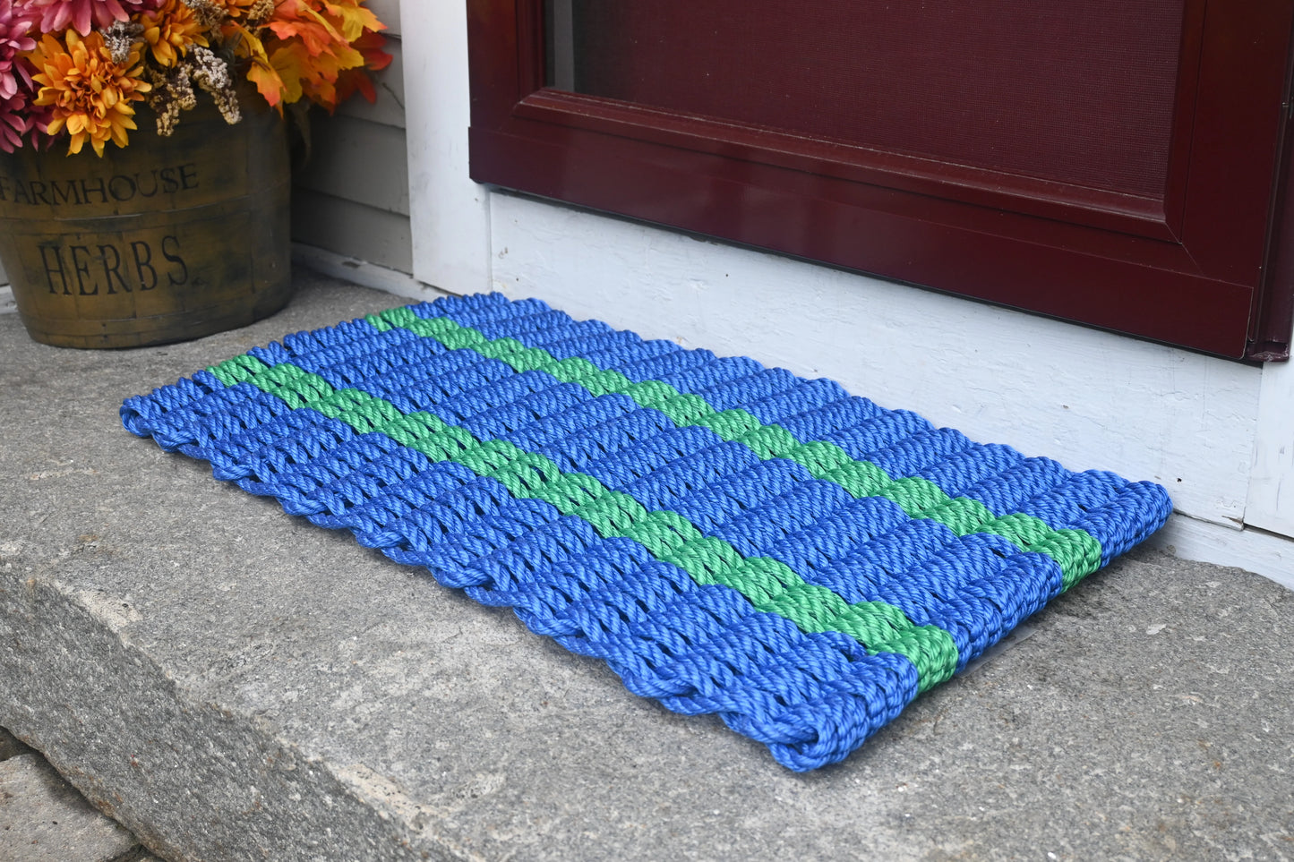 Five Stripe Rope Mat - Royal Blue with 2 Green Stripes