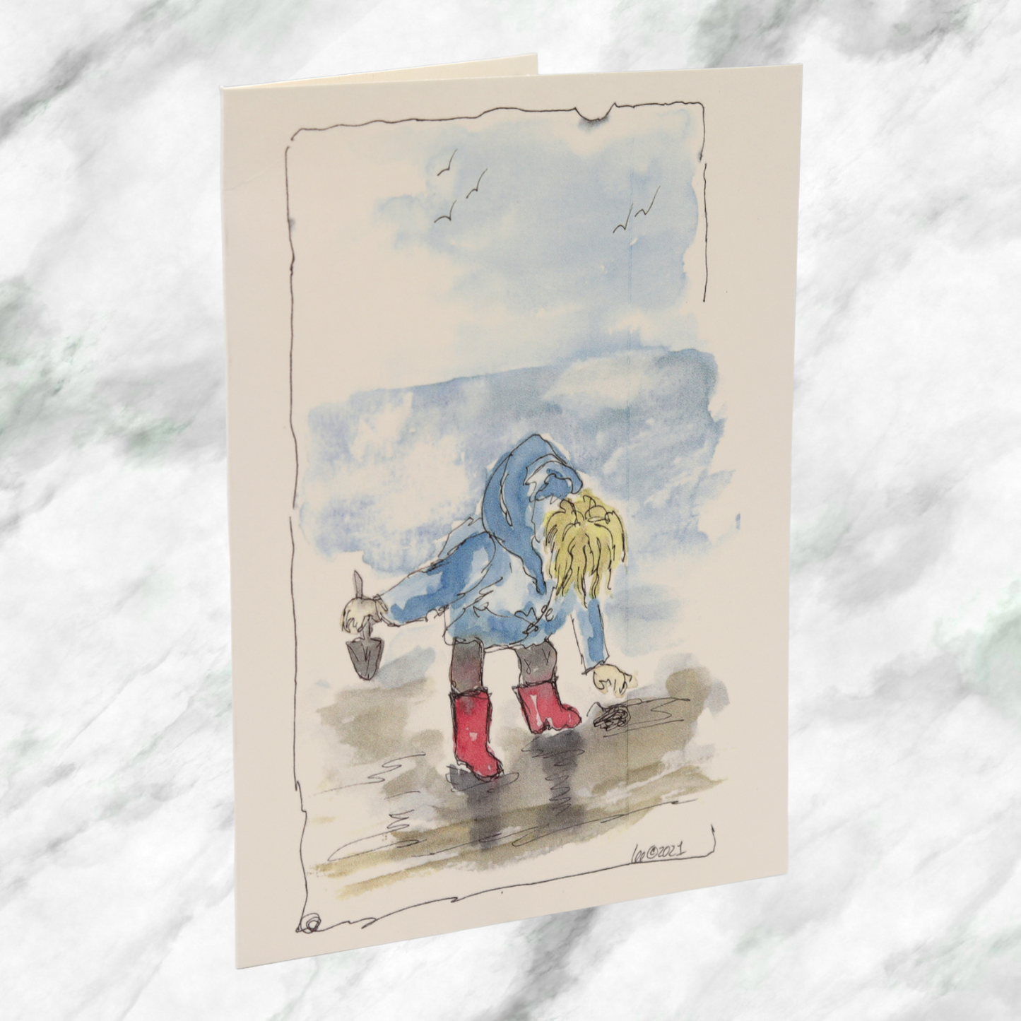 Little Girl on Beach Watercolor Art Greeting Card