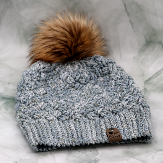 Silver Cable Hat With Faux Fur Pompom
