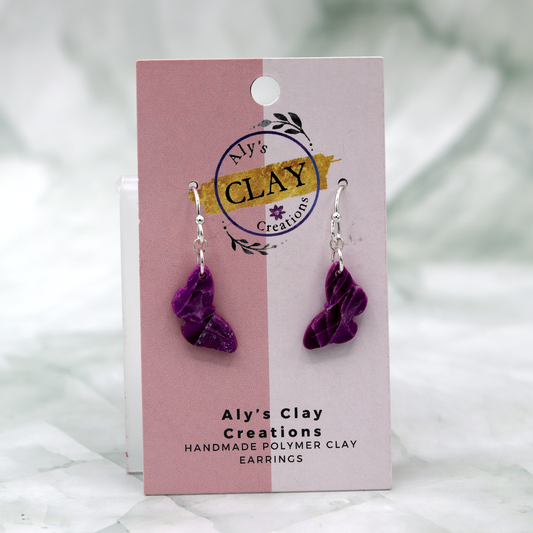 Marbled Dyed Purple Clay With Silver Foil & Paint Butterfly Earrings