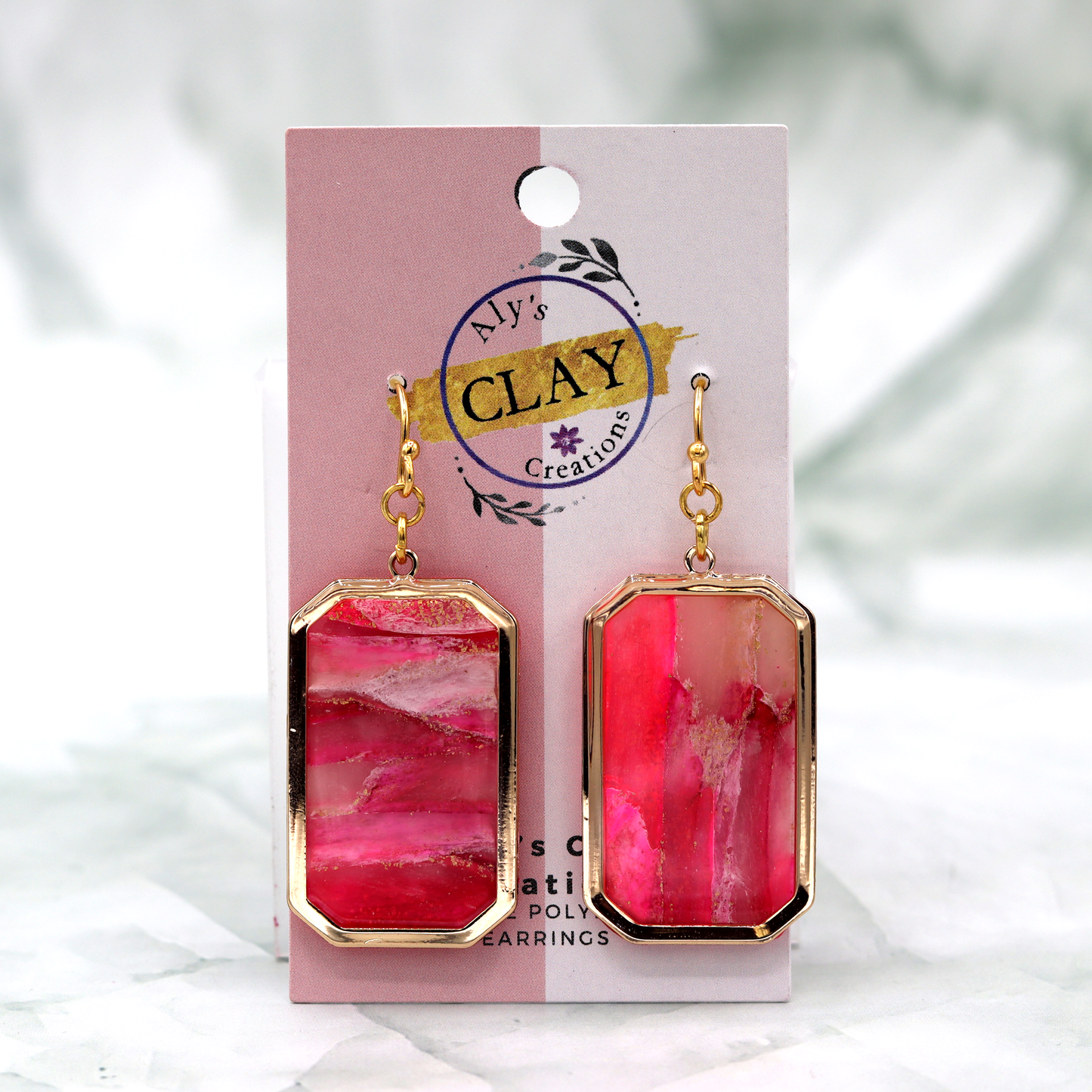 Marbled Pink Translucent Gold Foil Clay Earrings In Gold Charm
