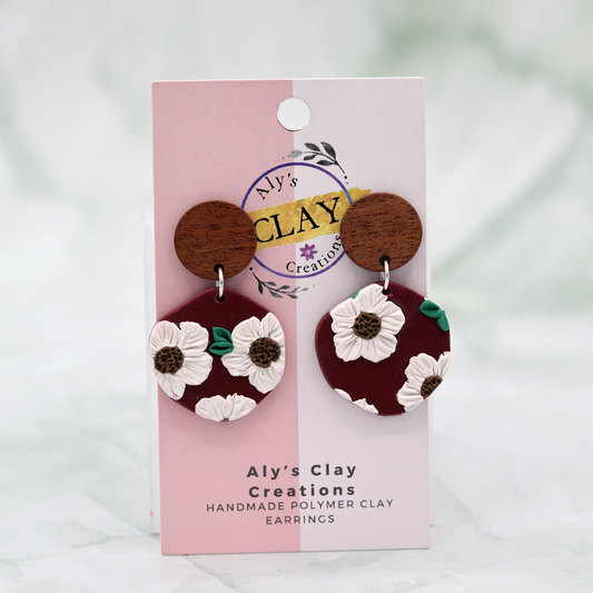 Organic Maroon Shape With White Floral Wood Stud Clay Earrings