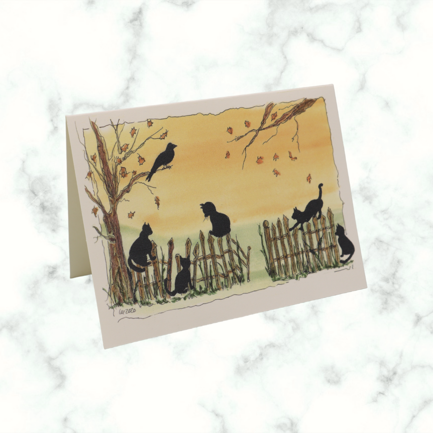 Cats On Fence Watercolor Art Greeting Card