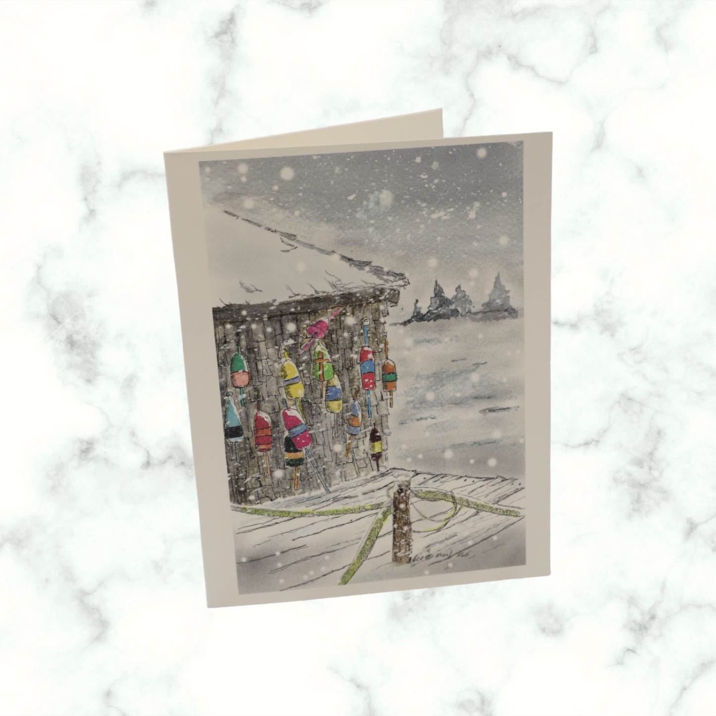 Buoy Shack Winter Watercolor Art Greeting Card
