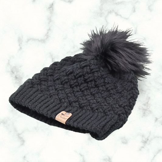 Black Cable Hat With Removable Black Faux Fur Pompom