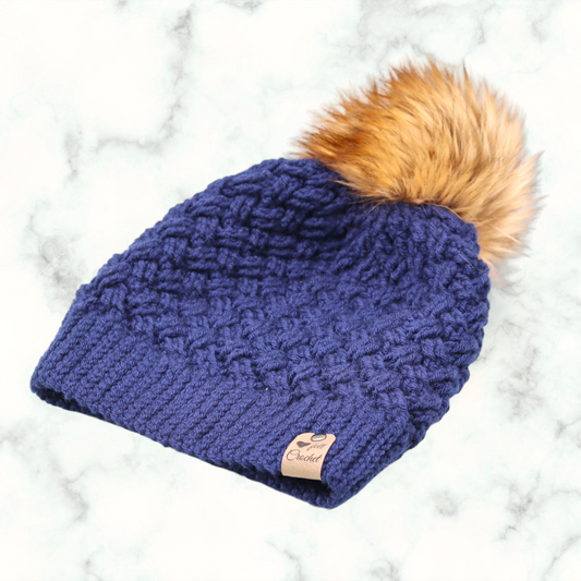 Navy Blue Cable Hat With Removable Faux Fur Pompom