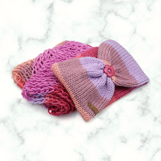 Drop Stitch Infinity Scarf & Ear Warmer Set - Pink Multicolor