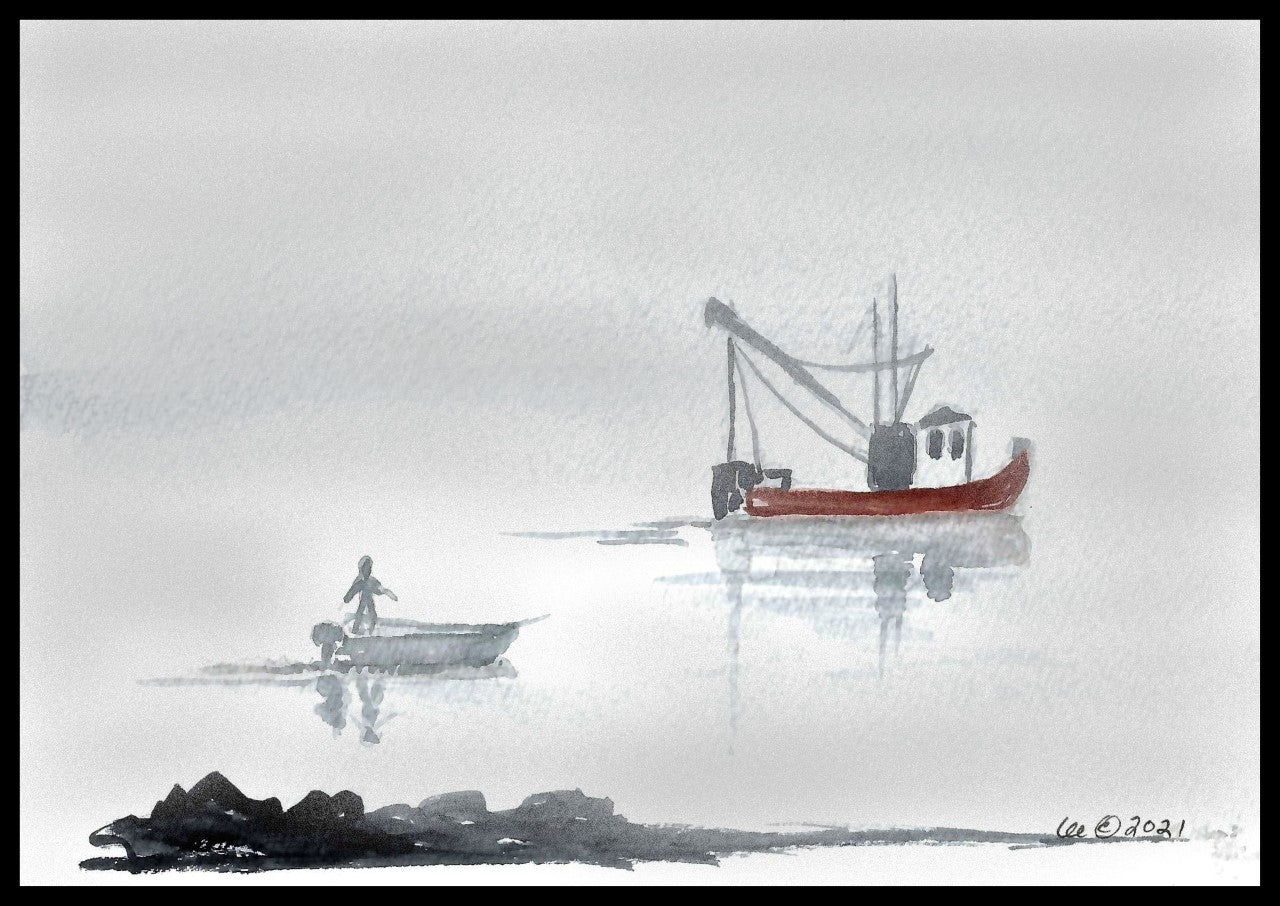 Lobster Boat in Fog Watercolor Art Greeting Card