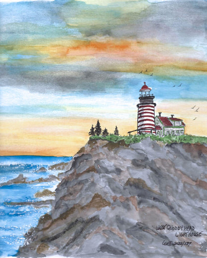 West Quoddy Lighthouse From Ocean Watercolor Art Greeting Card