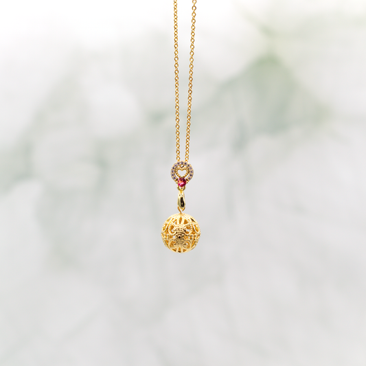 Gold Filigree Ball Necklace with White and Red Crystal Accents 18"