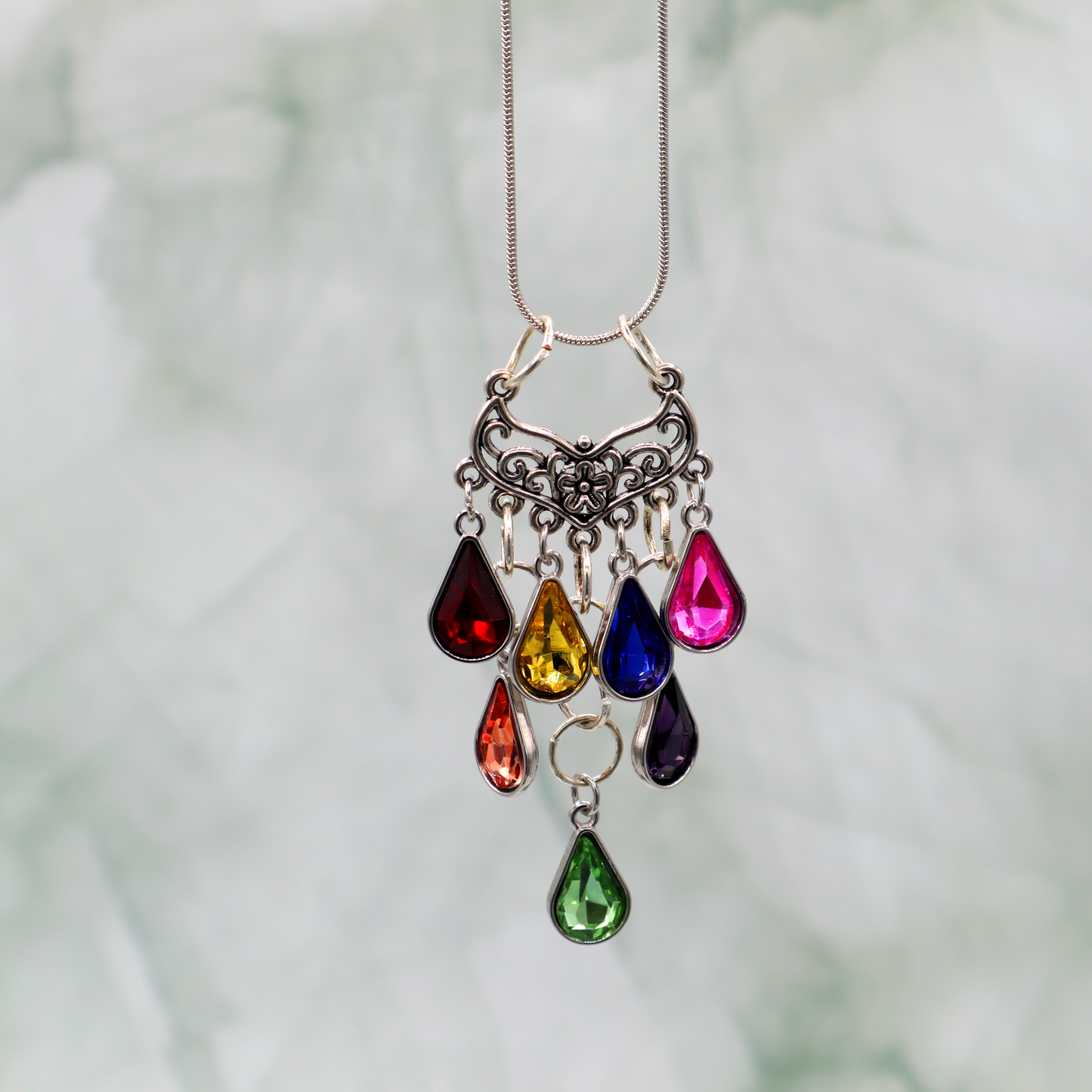 Multicolor Drops Silver Chain Necklace 18"