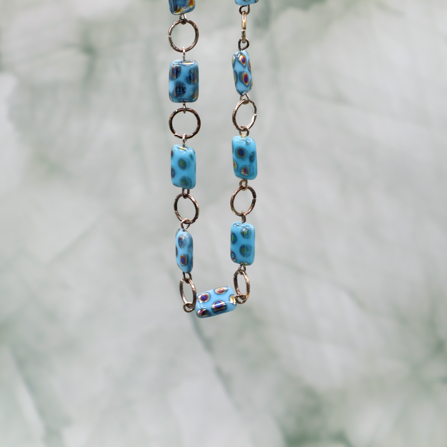 Blue Rectangle Polka Dots Silver Loops Necklace 23"