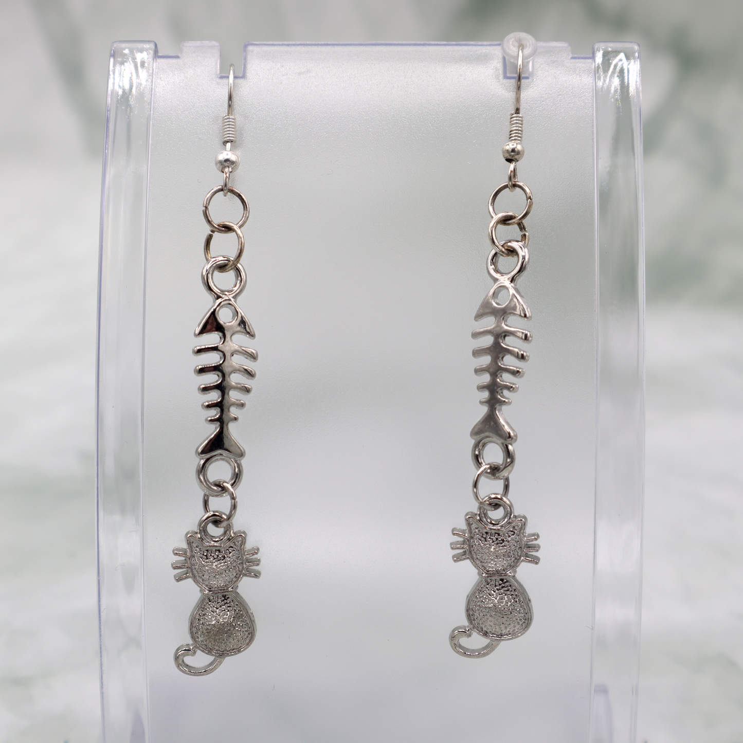 Cat With Fish Skeleton Silver Earrings