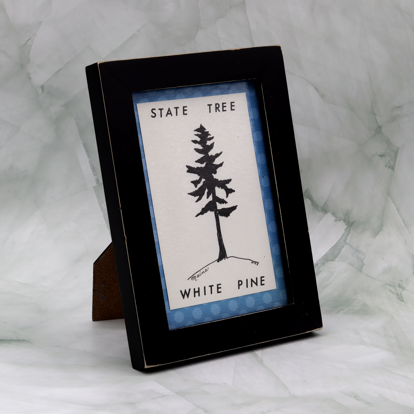 Maine White Pine Tree Cut Paper Design Blue Framed 4"x6"